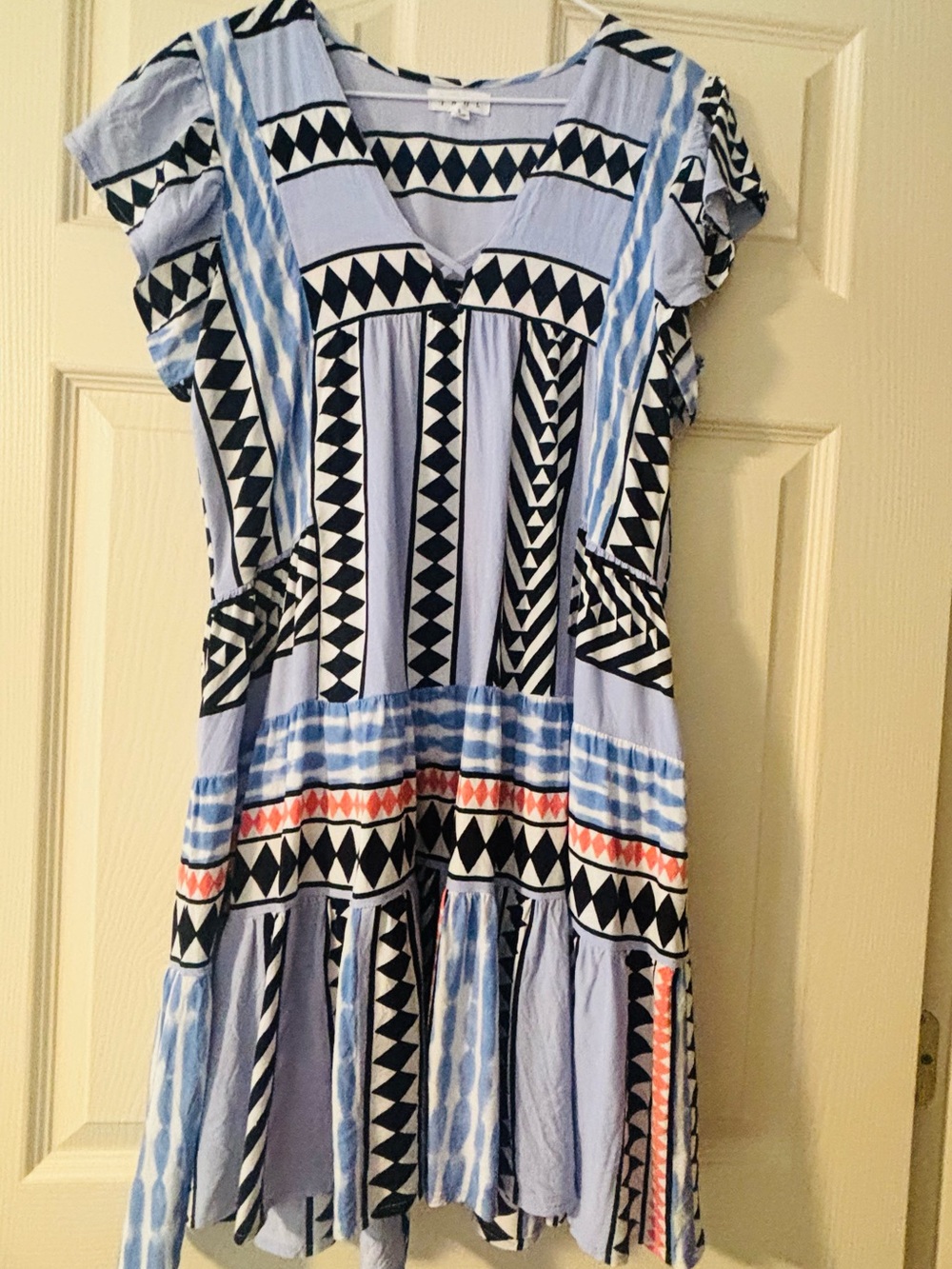 THML Light Blue, Black & Coral Geometric Tiered Dress